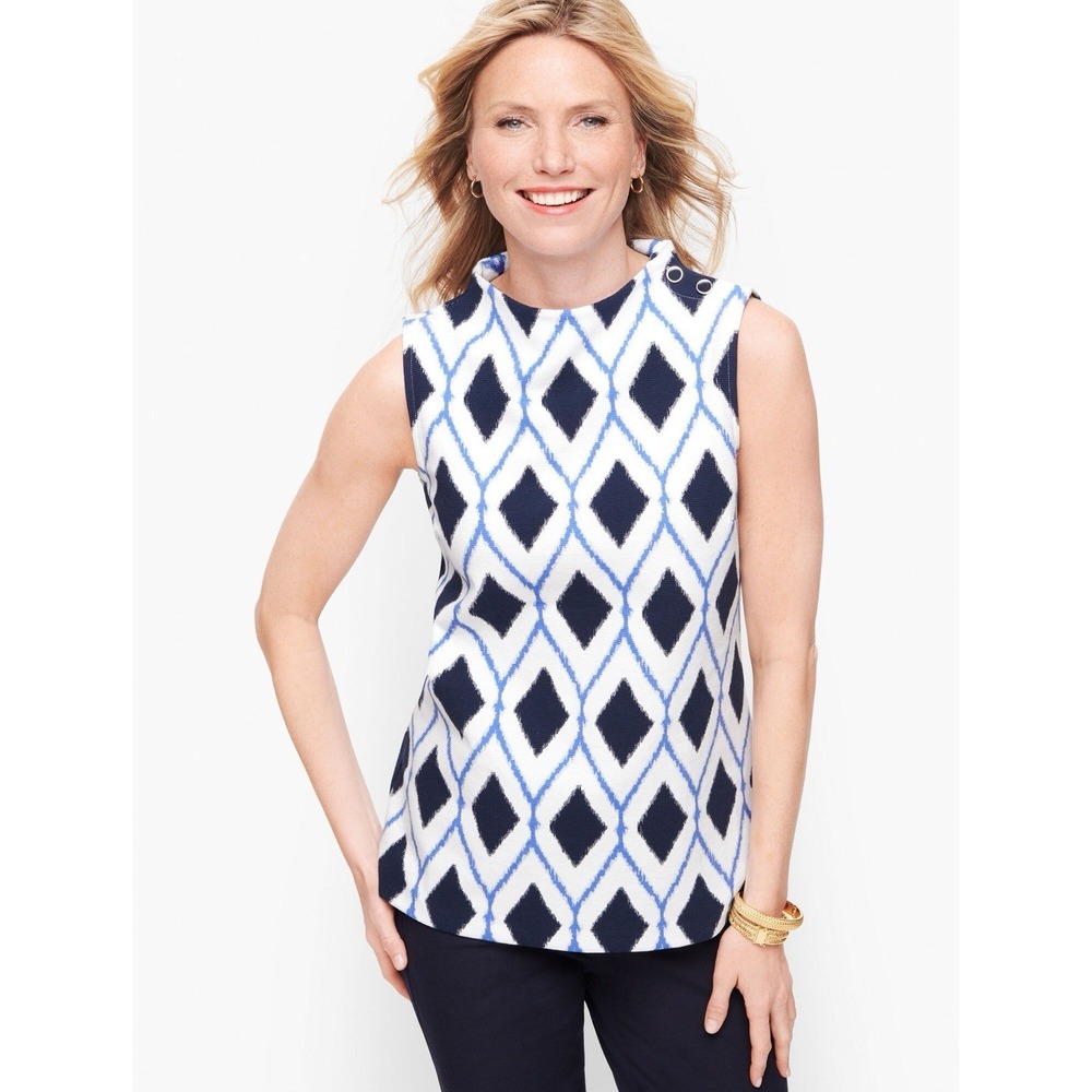 Talbots High Neck Sleeveless Shirt Womens XL Blue White Mock Grand Millennial